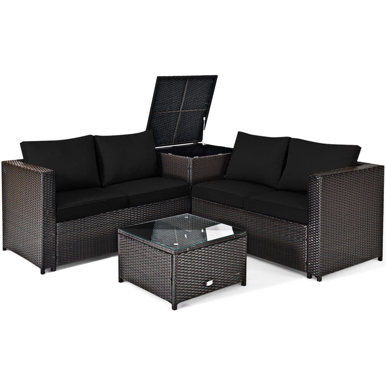 Black Outdoor Patio Furniture Set Steel & Rattan Loveseat Coffee Table